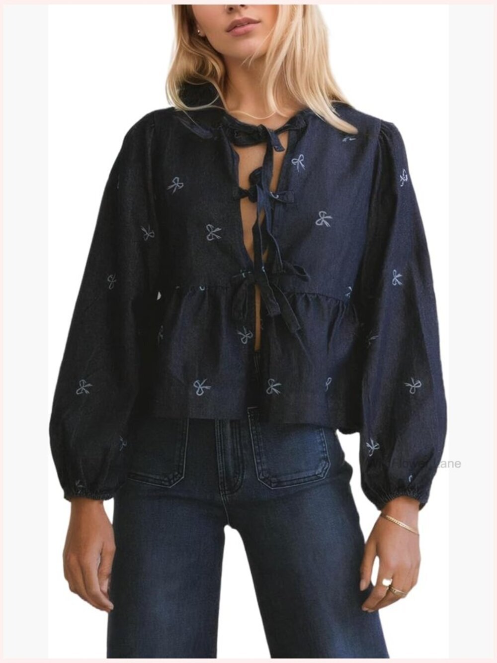 Crewneck Puff Sleeve Tie Front Denim Peplum Top Blouse